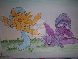 Size: 2828x2121 | Tagged: safe, artist:amazing-conundrum, sunshower raindrops, twilight sparkle, alicorn, pony, g4, female, laughing, mare, not rainbow dash, traditional art, twilight sparkle (alicorn)