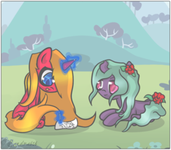 Size: 1016x890 | Tagged: safe, artist:freakization, oc, oc only, oc:kiera, oc:rose, pony, unicorn, commission, drawing, duo, flower, flower in hair, flower in tail, magic, tail, telekinesis