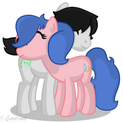 Size: 1022x1021 | Tagged: safe, artist:freakization, oc, oc only, oc:bubble bop, oc:specter call, earth pony, pony, commission, duo, eyes closed, neck hug, simple background, transparent background