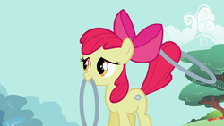 Size: 1920x1080 | Tagged: safe, screencap, apple bloom, earth pony, pony, g4, the cutie pox, female, loop-de-hoop, mouth hold, solo