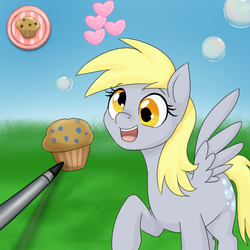Size: 750x750 | Tagged: safe, artist:jitterbugjive, derpy hooves, pegasus, pony, lovestruck derpy, g4, 3ds, bubble, cute, derpabetes, drawing, female, food, fourth wall, happy, heart, mare, muffin, nintendo, parody, pokémon, pokémon amie, pokémon x and y, ponified, solo, stylus, video game