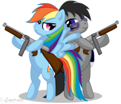 Size: 1114x959 | Tagged: safe, artist:sandra626, rainbow dash, oc, oc:crossfire, earth pony, pegasus, pony, g4, commission, gun, tommy gun