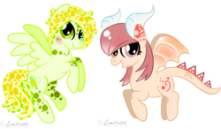 Size: 1708x1000 | Tagged: safe, artist:freakization, oc, oc only, oc:fire burster, oc:lumi rave, dracony, pegasus, pony, commission, duo, horns, simple background, spots, transparent background