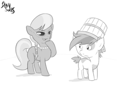 Size: 1024x726 | Tagged: safe, artist:brainsucks, pipsqueak, silver spoon, earth pony, pony, g4, bucket, monochrome, prank