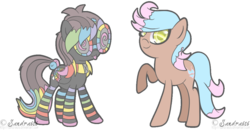 Size: 1047x543 | Tagged: safe, artist:freakization, oc, oc only, oc:colorgasm freak, oc:scanty lingerie, alicorn, earth pony, pony, alicorn oc, colored wings, commission, duo, horn, leg stripes, multicolored wings, rainbow tail, rainbow wings, raised hoof, simple background, small horn, stripes, tail, tongue out, transparent background, wings