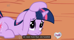 Size: 571x310 | Tagged: safe, screencap, twilight sparkle, g4, the ticket master, ei, female, hub logo, hubble, meme, solo, the hub, youtube caption