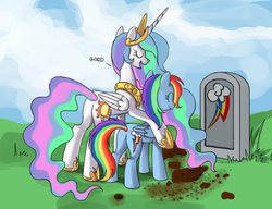 Size: 910x700 | Tagged: safe, princess celestia, rainbow dash, alicorn, pegasus, pony, undead, g4, butt, celestia's grave meme, exploitable meme, female, good end, implied death, mare, meme, plot, resurrection, revived