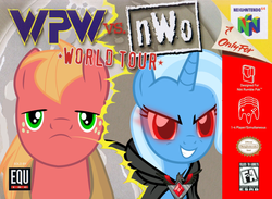 Size: 1000x731 | Tagged: safe, artist:brisineo, artist:nickyv917, artist:terton, big macintosh, trixie, earth pony, pony, unicorn, g4, alicorn amulet, esrb, female, game cover, horn, k-a rating, male, mare, nintendo 64, nwo, stallion, wcw, wcw vs nwo: word tour, wpw vs. nwo, wrestling