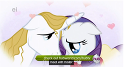 Size: 583x312 | Tagged: safe, screencap, prince blueblood, rarity, pony, unicorn, g4, my little pony: friendship is magic, the ticket master, clothes, dress, ei, female, heart, horn, horns are touching, hub logo, hubble, male, mare, meme, stallion, the hub, youtube caption