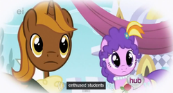 Size: 573x308 | Tagged: safe, screencap, chocolate tail, purple wave, g4, my little pony: friendship is magic, the ticket master, background pony, clothes, dress, earring, ei, hub logo, hubble, meme, necklace, rose, student, students, suit, the hub, youtube caption