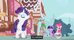 Size: 572x307 | Tagged: safe, screencap, pinkie pie, rarity, spike, twilight sparkle, g4, the ticket master, confused, confusion, ei, hub logo, hubble, meme, sugarcube corner, the hub, ticket, youtube caption