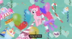 Size: 566x306 | Tagged: safe, screencap, pinkie pie, g4, the ticket master, balloon, candy, ei, female, hub logo, meme, solo, streamers, youtube caption