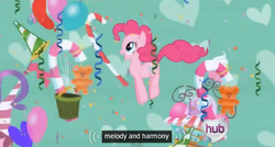 Size: 575x308 | Tagged: safe, screencap, pinkie pie, earth pony, pony, g4, the ticket master, balloon, candy, confetti, ei, female, harmony, hub logo, hubble, meme, solo, streamers, teddy bear, youtube caption