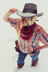 Size: 600x900 | Tagged: safe, artist:svanefrost, applejack, human, g4, bandana, cosplay, irl, irl human, photo, snow, snowfall, solo