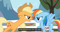 Size: 573x310 | Tagged: safe, screencap, applejack, rainbow dash, g4, my little pony: friendship is magic, the ticket master, angry, ei, fence, fight, hub logo, hubble, long neck, meme, neck, the hub, upset, youtube caption