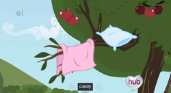 Size: 570x309 | Tagged: safe, screencap, g4, the ticket master, apple, apple tree, bed, candy, ei, hub logo, hubble, meme, pillow, quilt, the hub, tree, tree branch, youtube caption