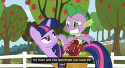 Size: 570x311 | Tagged: safe, screencap, spike, twilight sparkle, dragon, pony, g4, the ticket master, apple, apple tree, basket, dragons riding ponies, meme, mom, riding, tree, youtube caption