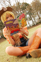 Size: 565x850 | Tagged: safe, artist:syuon, idw, human, book, boots, cosplay, cowboy vest, irl, irl human, photo, reading, sitting, solo