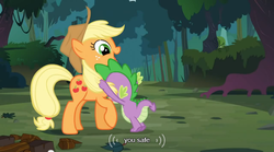 Size: 640x355 | Tagged: safe, screencap, applejack, spike, dragon, earth pony, pony, g4, spike at your service, female, male, mare, meme, youtube caption