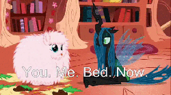 Size: 692x388 | Tagged: safe, artist:mixermike622, edit, queen chrysalis, oc, oc:fluffle puff, g4, animated, canon x oc, caption, female, implied sex, lesbian, meme, ship:chrysipuff, shipping, text, you. me. x. now.