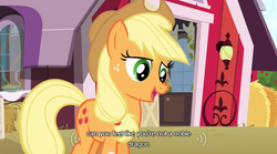 Size: 640x355 | Tagged: safe, screencap, applejack, earth pony, pony, g4, my little pony: friendship is magic, spike at your service, female, mare, meme, solo, youtube caption