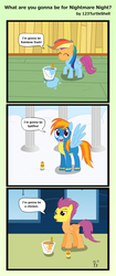 Size: 2210x5263 | Tagged: safe, artist:123turtleshell, rainbow dash, scootaloo, spitfire, pegasus, pony, g4, 3 panel comic, clothes, comic, costume, hair dye, paint, paint on feathers, paint on fur, scootachicken, wig, wonderbolts uniform