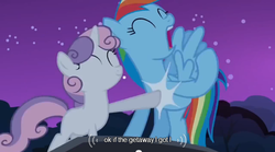 Size: 640x355 | Tagged: safe, screencap, rainbow dash, sweetie belle, g4, sleepless in ponyville, meme, youtube caption