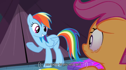 Size: 640x355 | Tagged: safe, screencap, rainbow dash, scootaloo, g4, sleepless in ponyville, meme, youtube caption