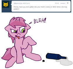Size: 666x631 | Tagged: safe, artist:skoon, ruby pinch, pony, unicorn, ask berry punch, g4, alcohol, ask, bleh, do not want, female, filly, foal, solo, spilled drink, tumblr