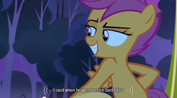 Size: 640x355 | Tagged: safe, screencap, scootaloo, g4, sleepless in ponyville, barbeque, female, filly, foal, food, grin, meme, smugaloo, solo, youtube caption