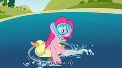 Size: 640x355 | Tagged: safe, screencap, pinkie pie, g4, too many pinkie pies, female, floaty, inflatable, inflatable bird, inflatable duck, meme, snorkel, solo, water, youtube caption