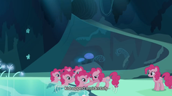 Size: 640x355 | Tagged: safe, screencap, pinkie pie, g4, too many pinkie pies, cave, cave pool, clone, meme, mirror pool, palindrome get, pinkie clone, youtube caption