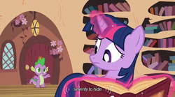 Size: 640x355 | Tagged: safe, screencap, spike, twilight sparkle, dragon, unicorn, g4, too many pinkie pies, book, duo, duo male and female, female, golden oaks library, magic, male, meme, telekinesis, unicorn twilight, youtube caption