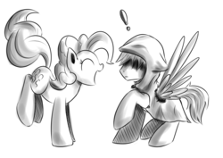 Size: 900x638 | Tagged: safe, artist:xioade, pinkie pie, oc, g4, exclamation point, monochrome, sketch