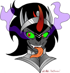 Size: 3359x3484 | Tagged: safe, artist:redapropos, king sombra, human, anthro, g4, bust, humanized, male, simple background, solo, sombra eyes, tongue out, transparent background