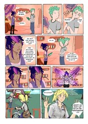 Size: 751x1063 | Tagged: safe, artist:demdoodles, derpy hooves, spike, twilight sparkle, human, comic:measurements, g4, book, comic, dark skin, humanized