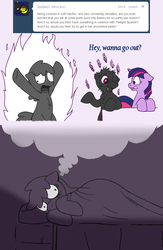 Size: 761x1169 | Tagged: safe, artist:php199, berry punch, berryshine, rainbow dash, twilight sparkle, earth pony, pegasus, pony, unicorn, ask berry punch, g4, ask, bed, bipedal, burned, dream, female, floppy ears, nightmare, singed, tumblr, unicorn twilight