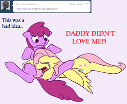 Size: 885x729 | Tagged: safe, artist:skoon, berry punch, berryshine, fluttershy, earth pony, pegasus, pony, ask berry punch, g4, ask, austin powers, austin powers in goldmember, crying, drunk, duo, duo female, eyes closed, female, floppy ears, fluttercry, open mouth, tumblr