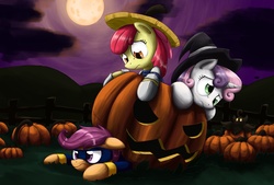 Size: 3079x2084 | Tagged: safe, artist:otakuap, apple bloom, scootaloo, sweetie belle, pumpkaboo, g4, clothes, costume, crossover, cutie mark crusaders, derp, halloween, holiday, jack-o-lantern, nightmare night, pokémon, pumpkin, superhero, tree sap and pine needles, witch