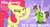 Size: 1253x668 | Tagged: safe, edit, edited screencap, screencap, apple bloom, dance fever, earth pony, pony, g4, hearts and hooves day (episode), caption, clothes, duo, facial hair, female, filly, hearts and hooves day, male, moustache, purple background, simple background, squint, stallion, sunglasses, swag, the perfect stallion, too flashy