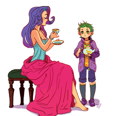 Size: 1119x1040 | Tagged: safe, artist:osato-kun, rarity, spike, human, g4, barefoot, breasts, cleavage, clothes, dress, drink, feet, female, humanized, male, ship:sparity, shipping, straight, tea, teacup, teapot