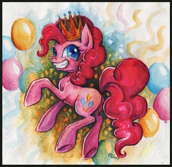 Size: 900x873 | Tagged: safe, artist:turonie, pinkie pie, g4, balloon, crown, female, grin, gritted teeth, hilarious in hindsight, hoofy-kicks, lol, queen of parties, smiling, solo, teeth, traditional art, wide eyes
