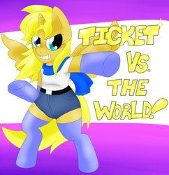 Size: 2389x2473 | Tagged: safe, artist:blackbewhite2k7, oc, oc only, oc:ticket, alicorn, pony, alicorn oc, bipedal, clothes, commission, scarf, scott pilgrim, shorts, socks, solo