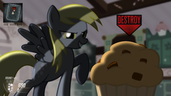 Size: 1920x1080 | Tagged: safe, artist:smokeybacon, derpy hooves, pegasus, pony, g4, call of duty, female, mare, muffin, underp