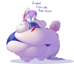 Size: 2310x2010 | Tagged: safe, artist:secretgoombaman12345, diamond tiara, silver spoon, original species, ask chubby diamond, g4, bbw, belly, belly button, chubby diamond, clothes, costume, fat, ghostbusters, gozer, halloween, humanized, marshmallow, morbidly obese, muffin top, obese, ssbbw, stay puft marshmallow man