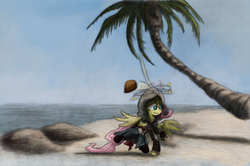 Size: 800x532 | Tagged: safe, artist:hewison, fluttershy, g4, assassin's creed, assassin's creed iv black flag, clothes, coconut, coconut tree, crossover, edward kenway, female, gun, handgun, island, ocean, palm tree, pistol, solo, tree