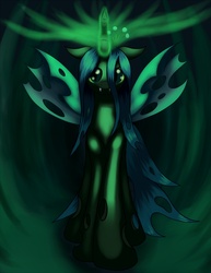 Size: 1275x1650 | Tagged: safe, artist:grennadder, queen chrysalis, changeling, changeling queen, g4, crown, female, glowing, glowing horn, horn, jewelry, long legs, regalia, solo