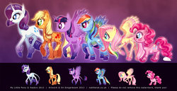 Size: 1024x528 | Tagged: safe, artist:nattherat, applejack, fluttershy, pinkie pie, rainbow dash, rarity, twilight sparkle, alicorn, classical unicorn, earth pony, pegasus, pony, unicorn, g4, cloven hooves, concave belly, diverse body types, female, fluttershy is short, fluttershy is smol, height difference, horn, leonine tail, line-up, mane six, mare, physique difference, redesign, short, side view, size chart, slender, smolshy, spread wings, tall, thin, twilight sparkle (alicorn), unshorn fetlocks, wings