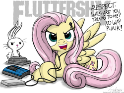 Size: 1032x774 | Tagged: safe, artist:flutterthrash, angel bunny, fluttershy, pegasus, pony, g4, compact cassette, duo, lyrics, metal, pantera, song reference, walk