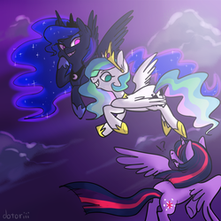 Size: 1000x1000 | Tagged: safe, artist:dotoriii, princess celestia, princess luna, twilight sparkle, alicorn, pony, g4, cloud, cloudy, crown, female, flying, jewelry, laughing, looking at each other, mare, open mouth, regalia, smiling, spread wings, twilight sparkle (alicorn), wings